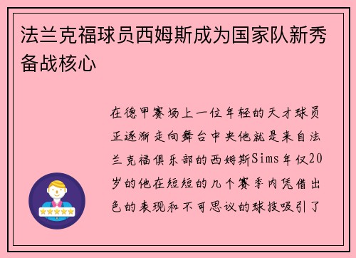 法兰克福球员西姆斯成为国家队新秀备战核心