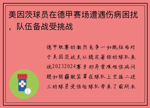 美因茨球员在德甲赛场遭遇伤病困扰，队伍备战受挑战