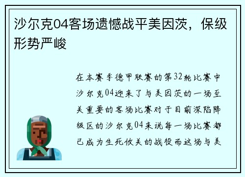 沙尔克04客场遗憾战平美因茨，保级形势严峻